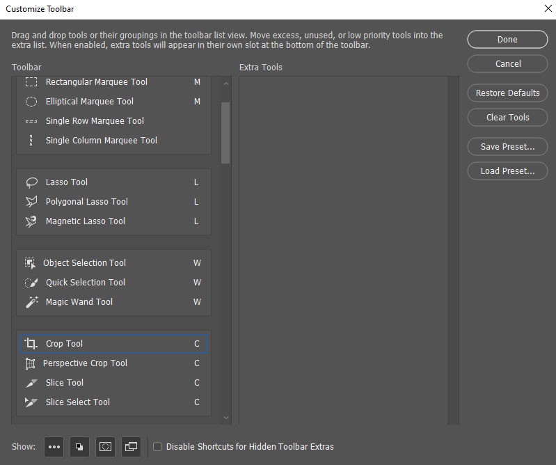 Save the customized Photoshop Toolbar to a preset to use at another time