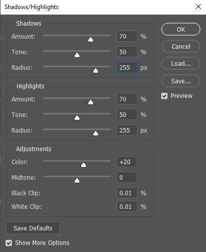  set Shadow Input Level 70 and Highlight