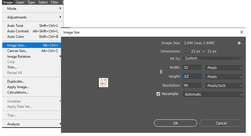 Open the image size dialogue box