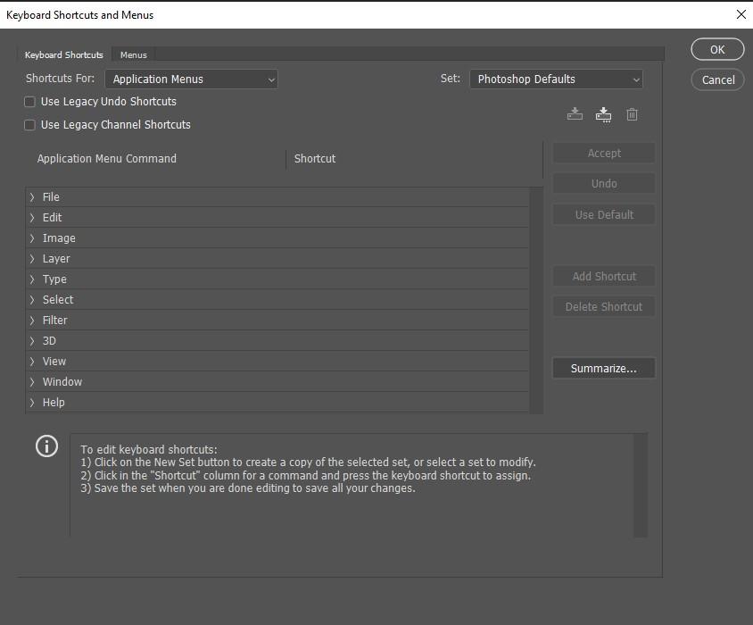 Keyboard Shortcuts dialog box