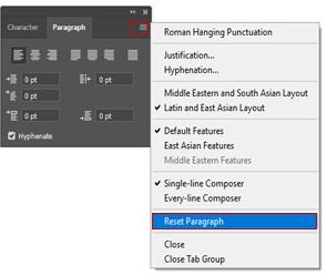 How can you reset the paragraph panel